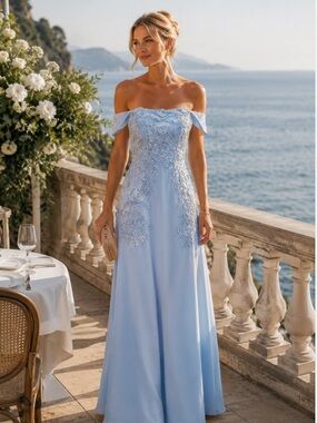Off-Shoulder Blue Lace-Appliqué Evening Dress